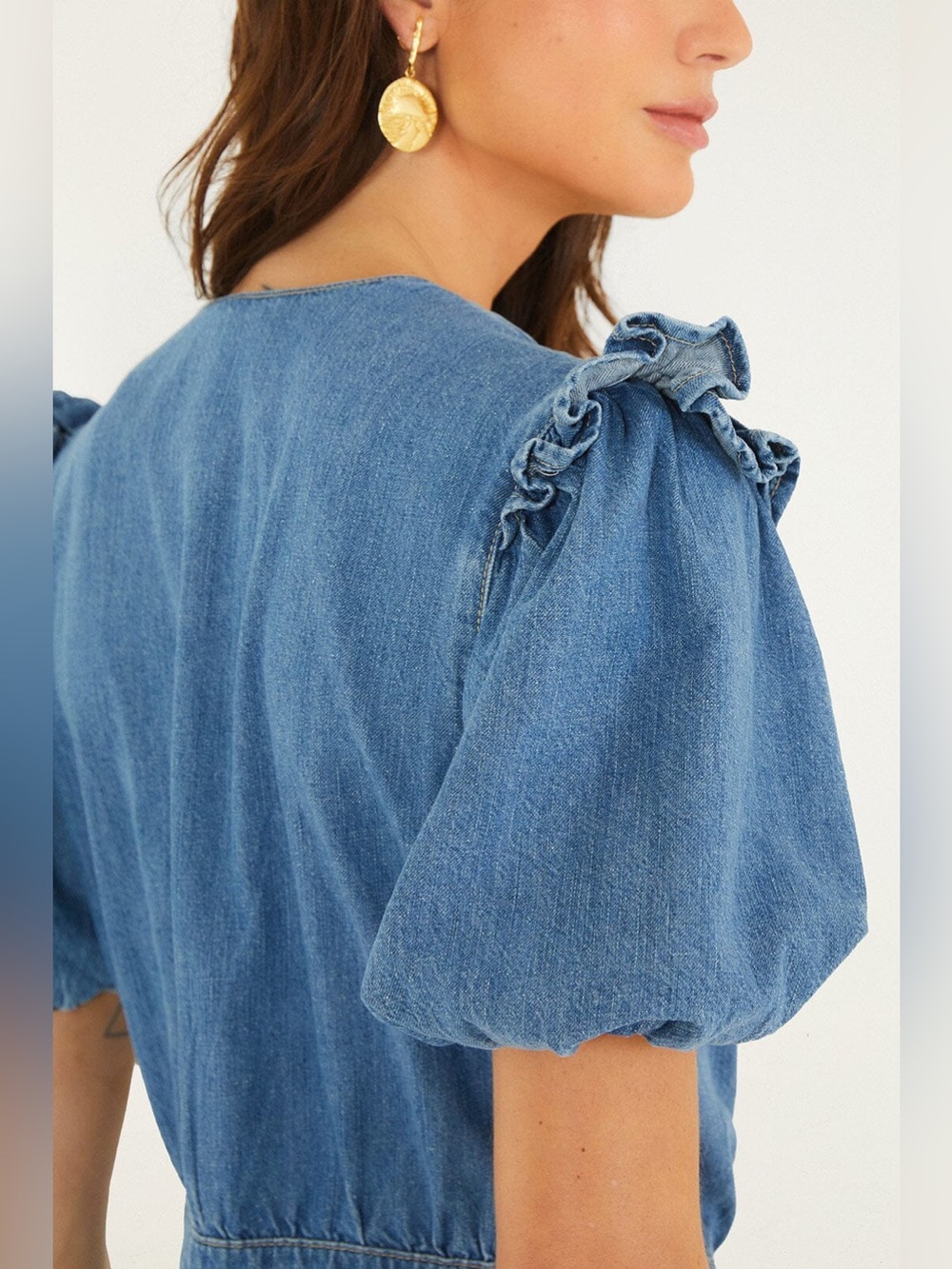 FARM Rio Denim Ruffled Puff Sleeve Romper, Size Small - Picture 4 of 11